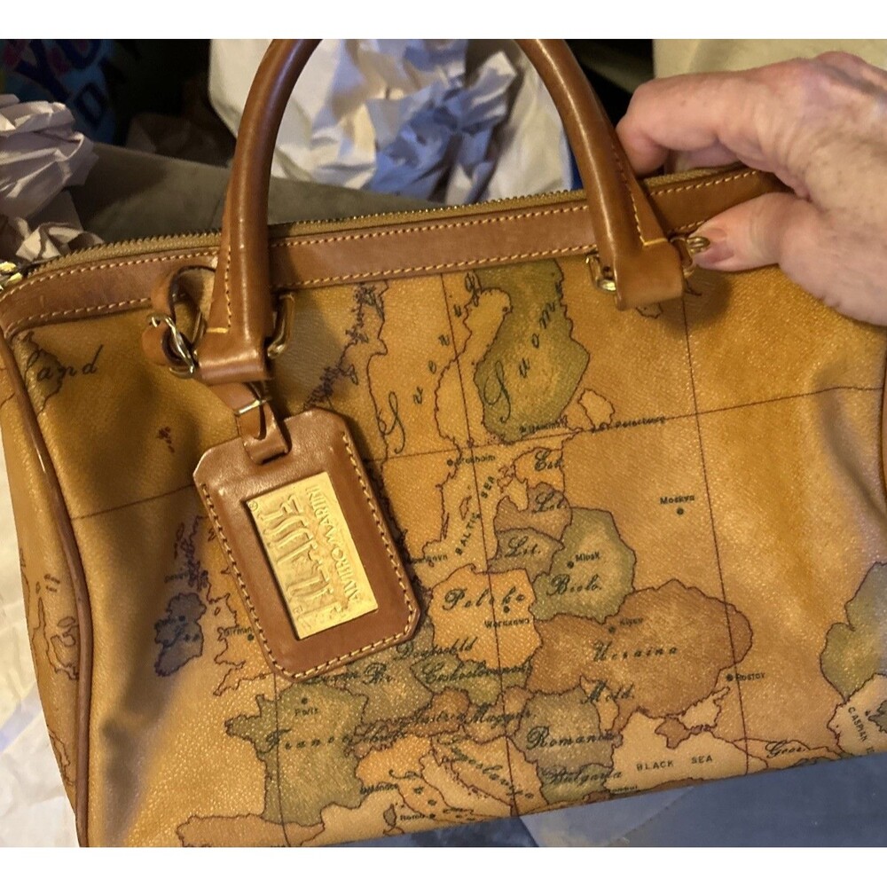 Alviero Martini World Geo Map Boston Satchel Italy canvas cognac leather good!
